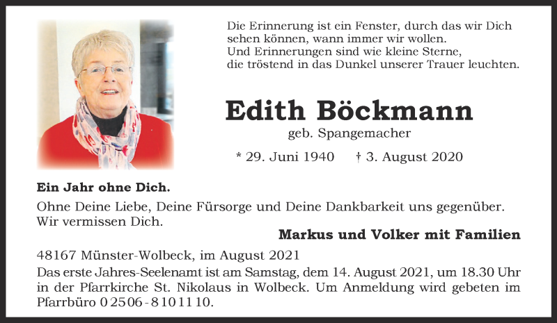  Traueranzeige für Edith Böckmann vom 07.08.2021 aus 