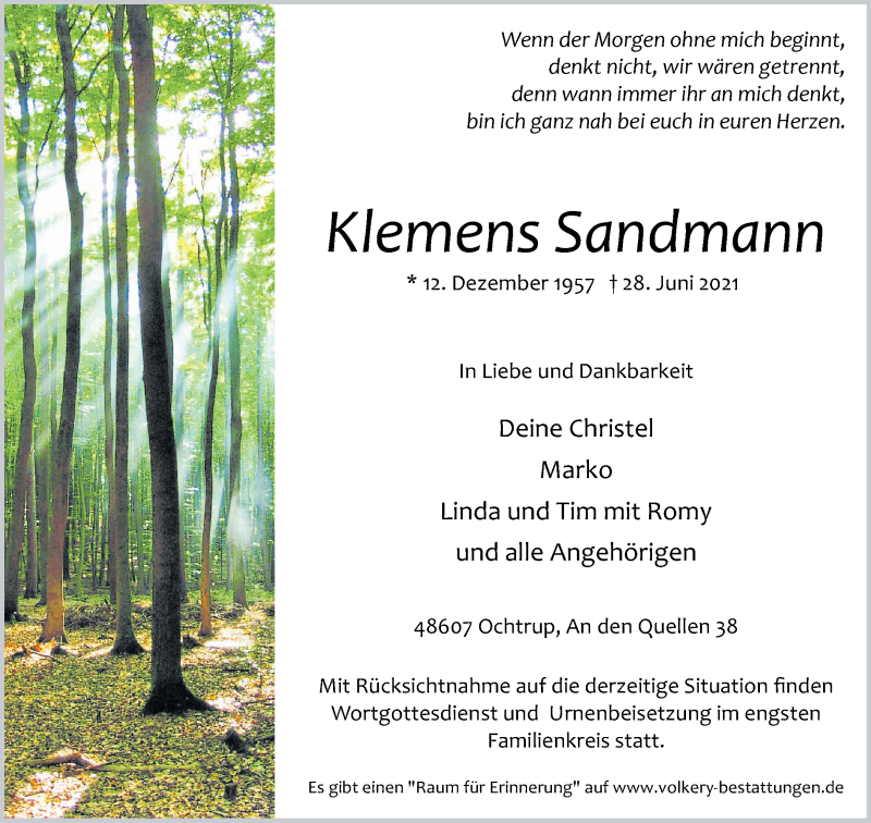  Traueranzeige für Klemens Sandmann vom 01.07.2021 aus 
