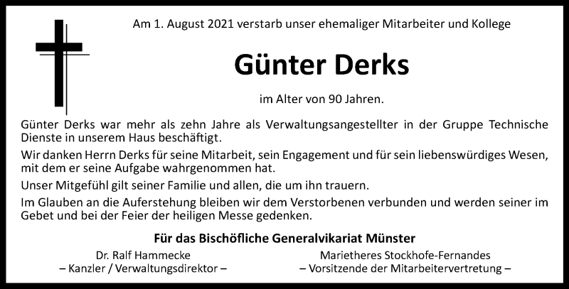  Traueranzeige für Günter Derks vom 14.08.2021 aus 