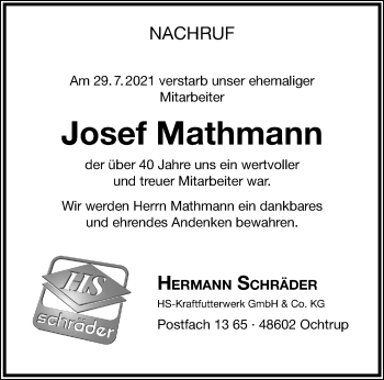Anzeige von Josef Mathmann 