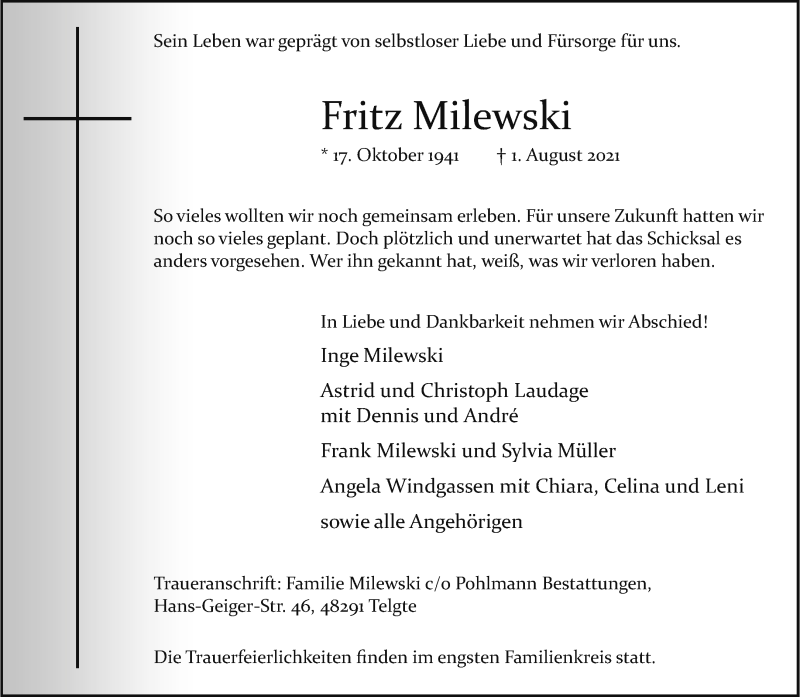  Traueranzeige für Fritz Milewski vom 07.08.2021 aus 