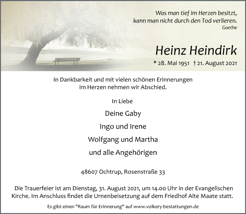  Traueranzeige für Heinz Heindirk vom 25.08.2021 aus 