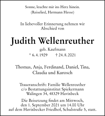 Anzeige von Judith Wellenreuther 