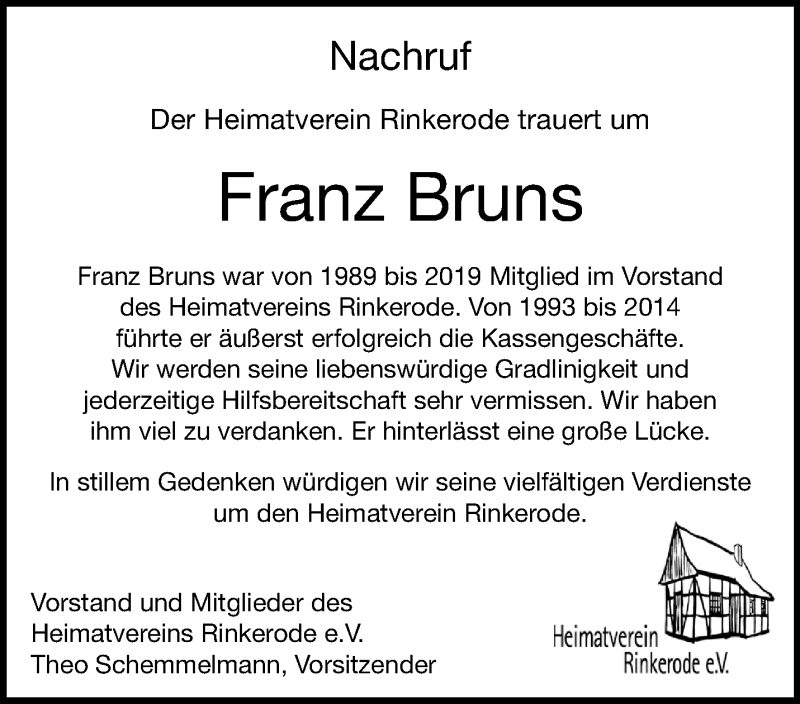  Traueranzeige für Franz Bruns vom 09.08.2021 aus 