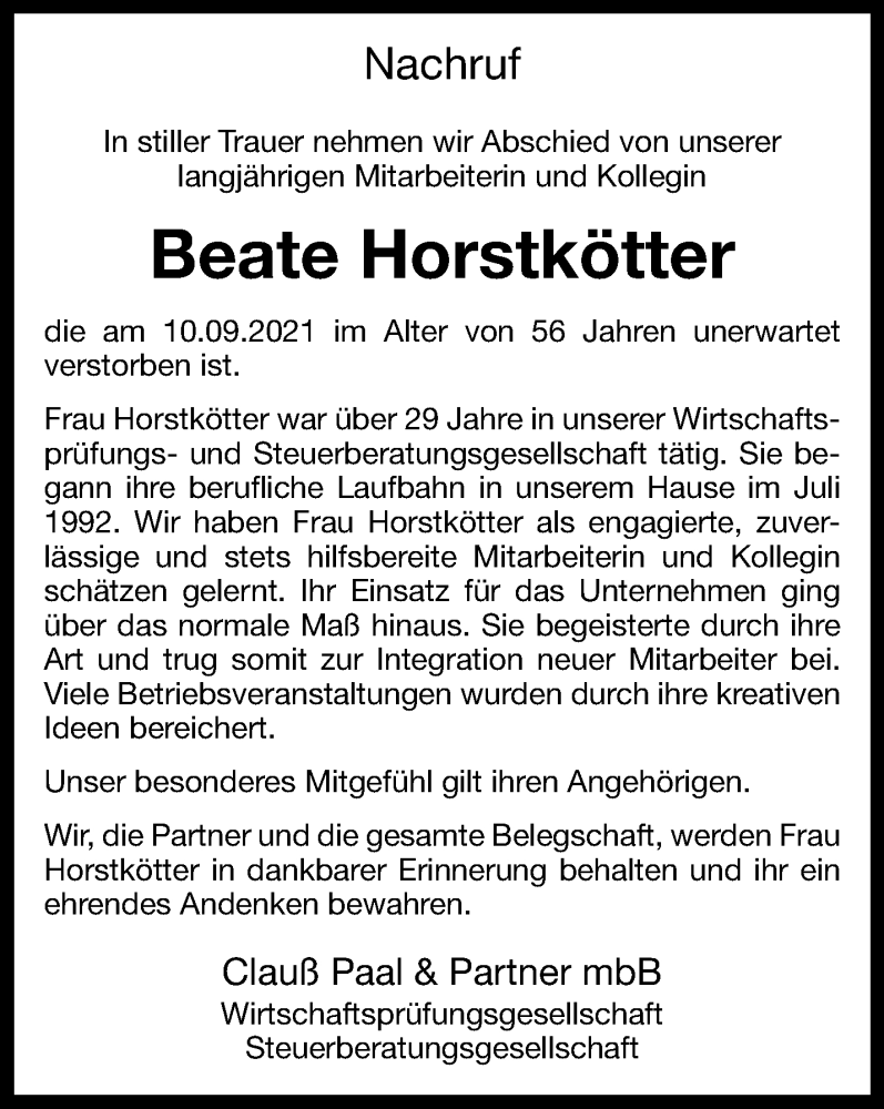  Traueranzeige für Beate Horstkötter vom 15.09.2021 aus 