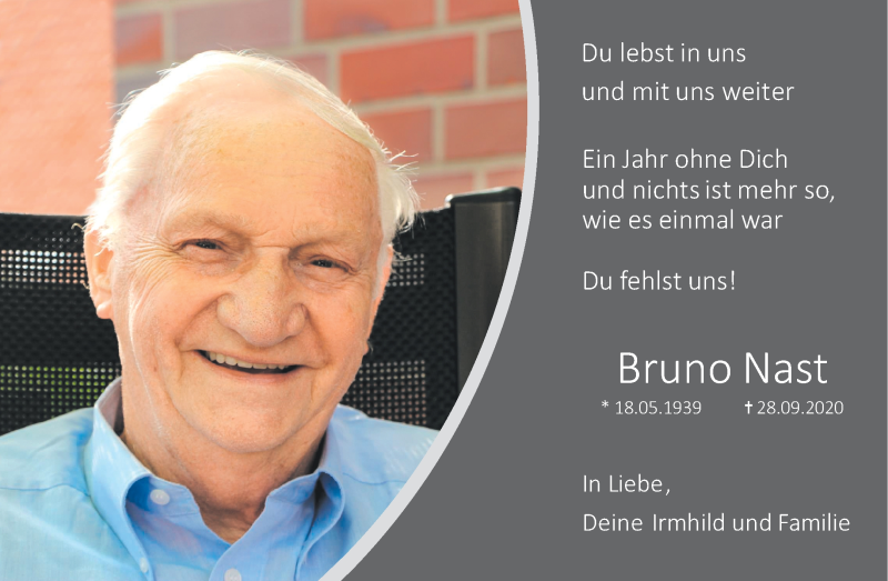  Traueranzeige für Bruno Nast vom 25.09.2021 aus 