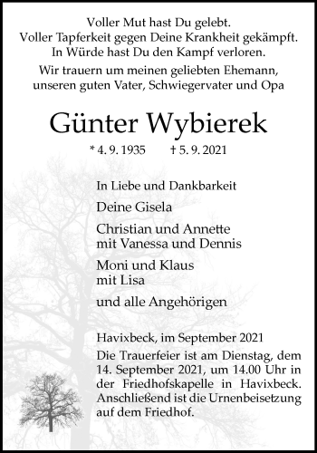 Anzeige von Günter Wybierek 