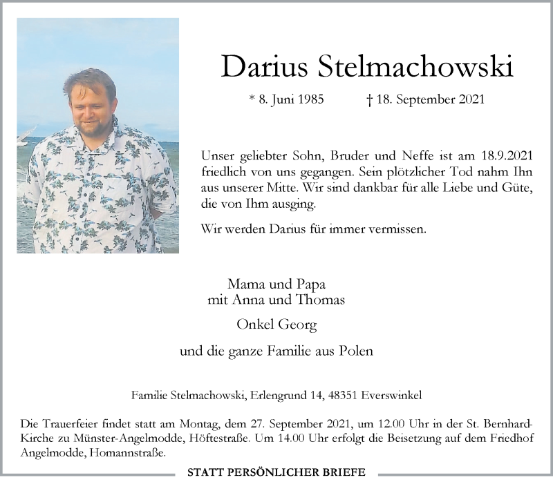  Traueranzeige für Darius Stelmachowski vom 25.09.2021 aus 