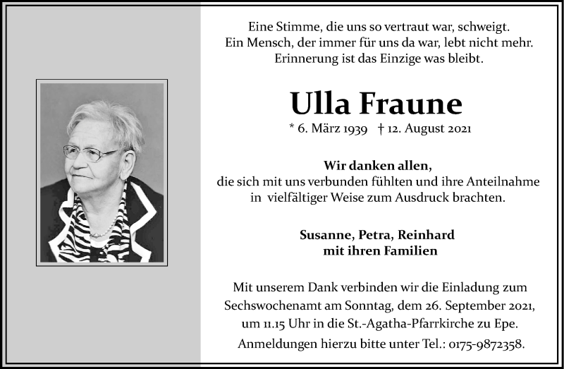  Traueranzeige für Ulla Fraune vom 21.09.2021 aus 