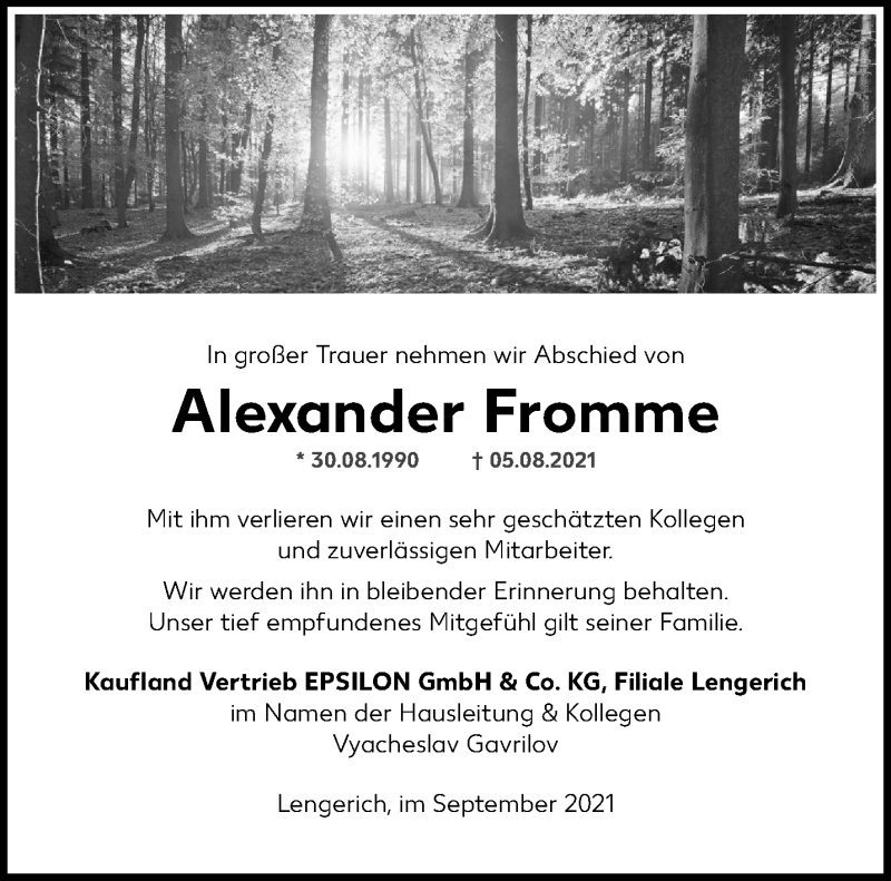  Traueranzeige für Alexander Fromme vom 06.09.2021 aus 