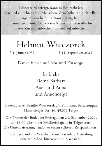 Anzeige von Helmut Wieczorek 