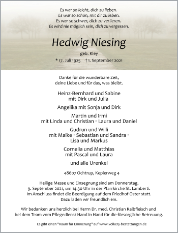 Anzeige von Hedwig Niesing 