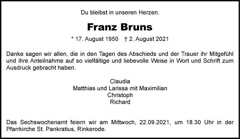  Traueranzeige für Franz Bruns vom 18.09.2021 aus 