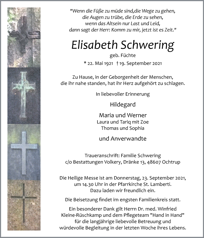  Traueranzeige für Elisabeth Schwering vom 22.09.2021 aus 