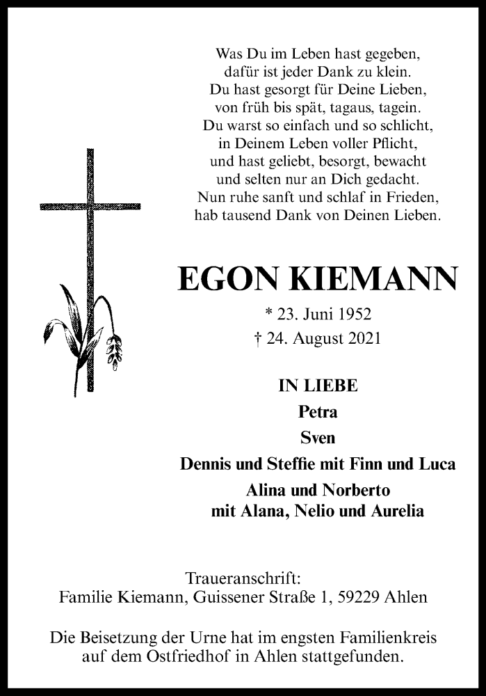  Traueranzeige für Egon Kiemann vom 11.09.2021 aus 
