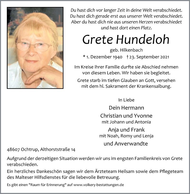  Traueranzeige für Grete Hundeloh vom 27.09.2021 aus 