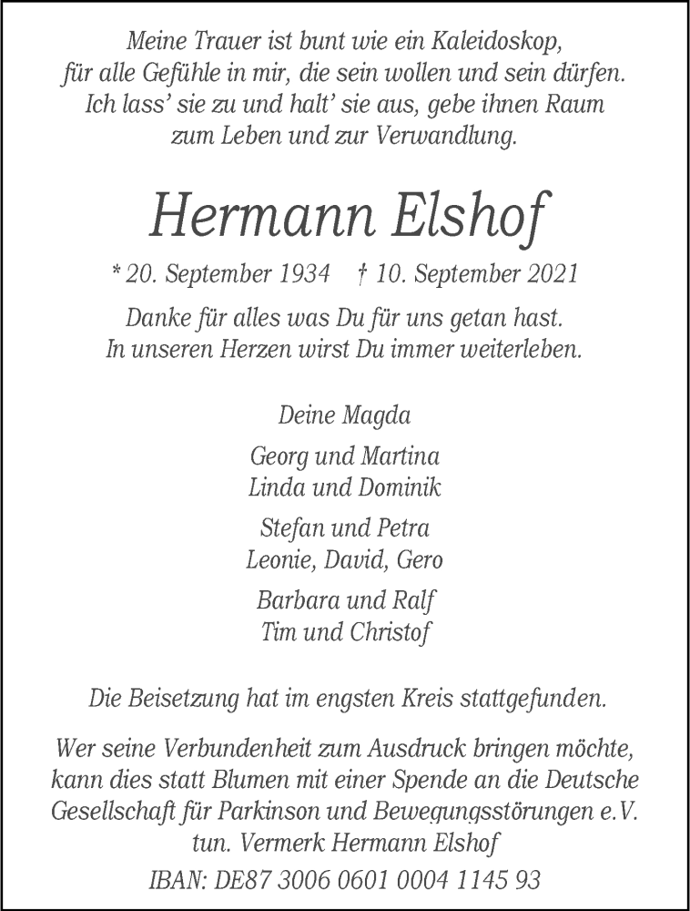  Traueranzeige für Hermann Elshof vom 22.09.2021 aus 