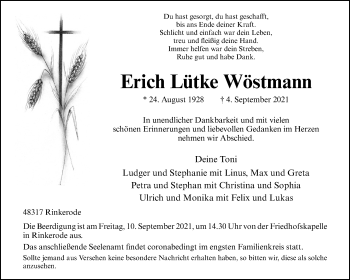 Anzeige von Erich Lütke Wöstmann 