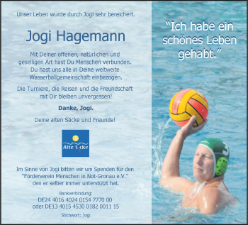Anzeige von Joachim Hagemann 