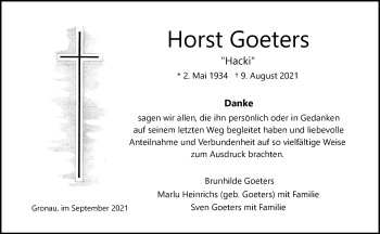 Anzeige von Horst Goeters 