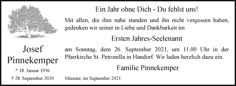  Traueranzeige für Josef Pinnekemper vom 18.09.2021 aus 