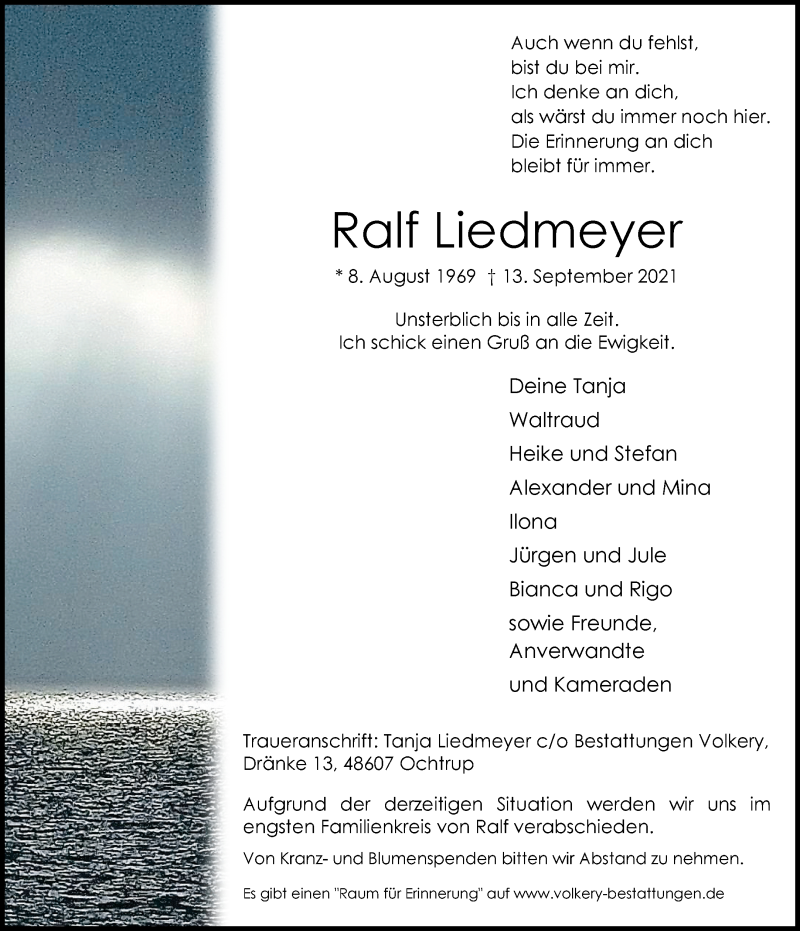  Traueranzeige für Ralf Liedmeyer vom 22.09.2021 aus 