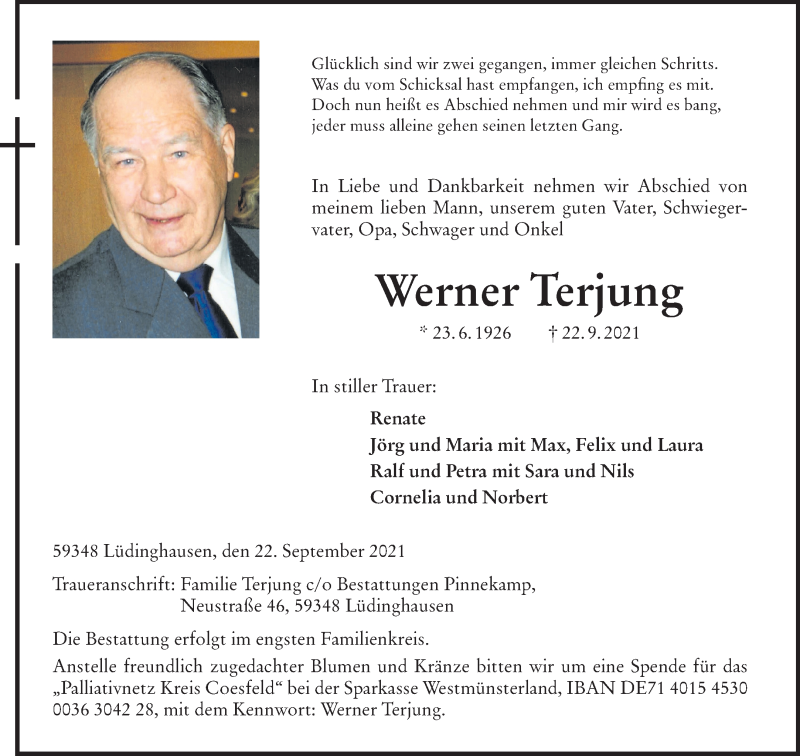  Traueranzeige für Werner Terjung vom 25.09.2021 aus 