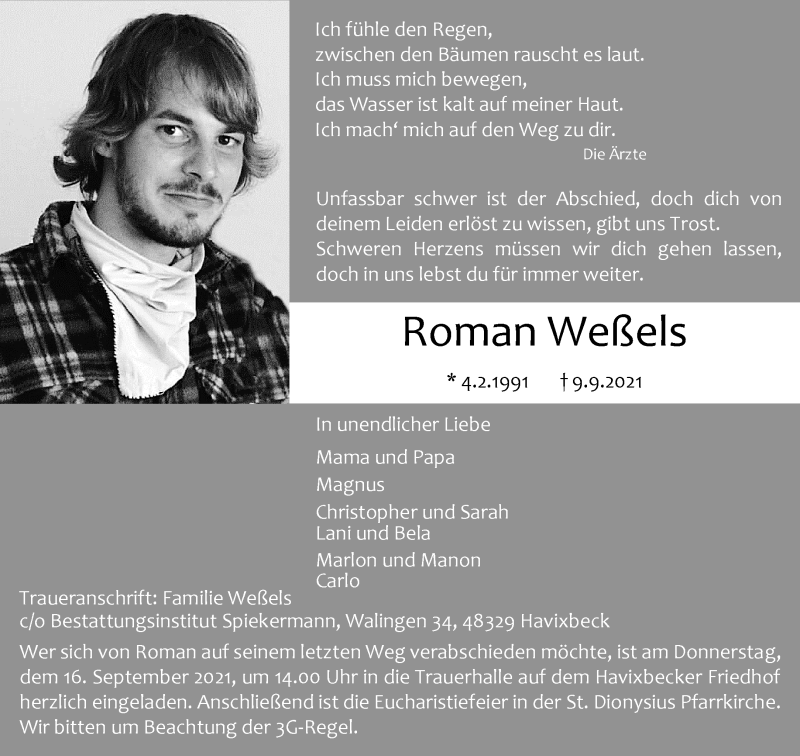  Traueranzeige für Roman Weßels vom 15.09.2021 aus 