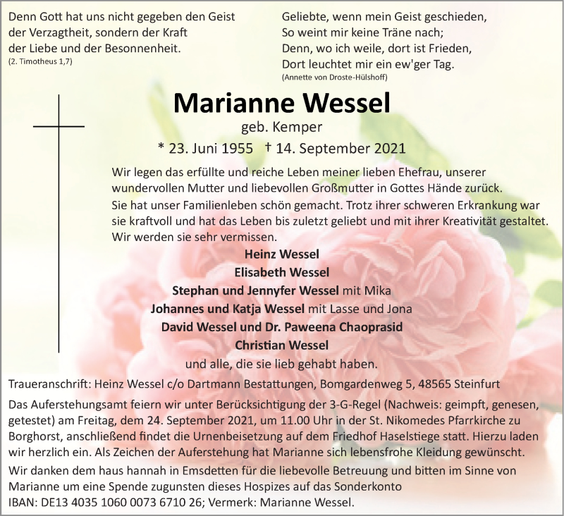  Traueranzeige für Marianne Wessel vom 18.09.2021 aus 