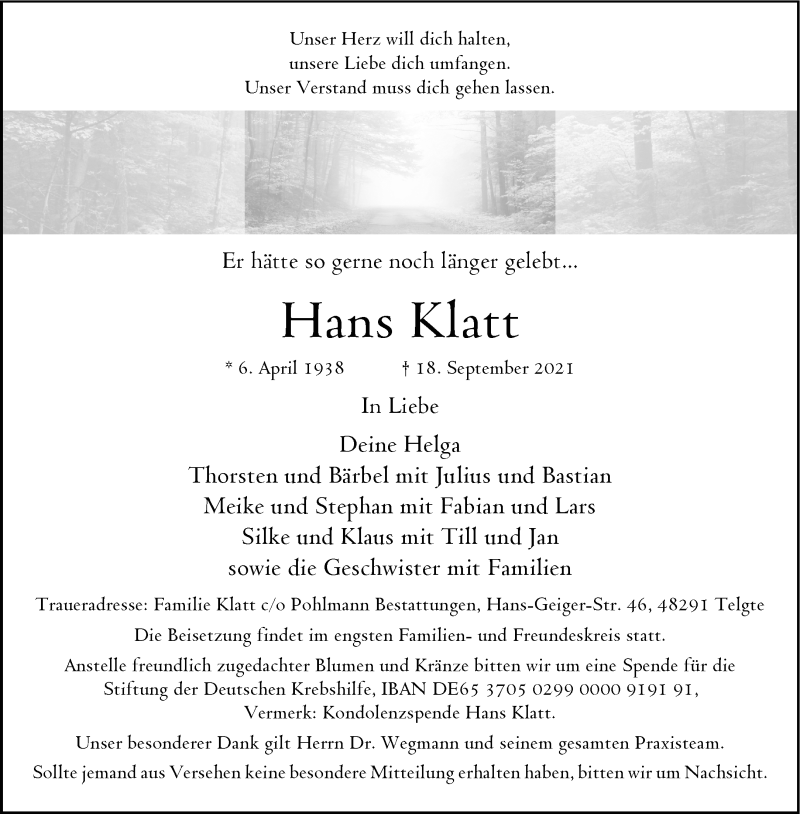  Traueranzeige für Hans Klatt vom 25.09.2021 aus 