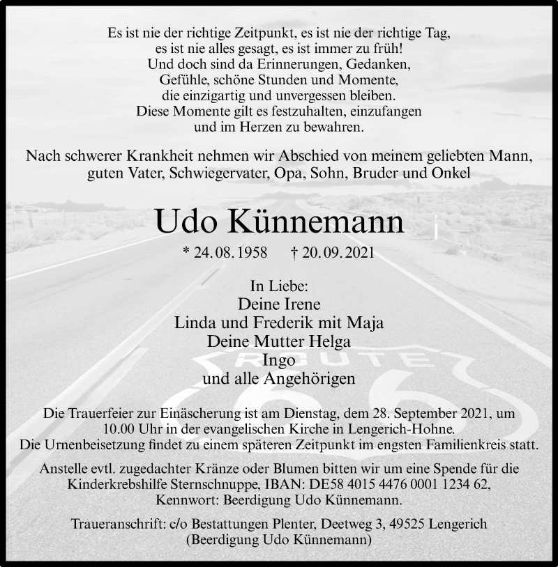  Traueranzeige für Udo Künnemann vom 25.09.2021 aus 