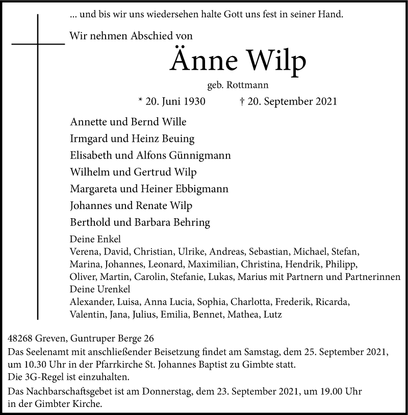  Traueranzeige für Änne Wilp vom 22.09.2021 aus 