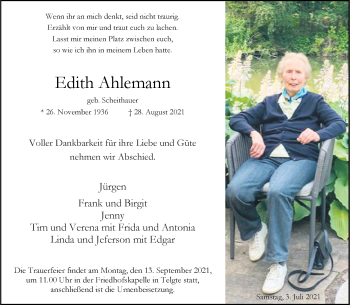 Anzeige von Edith Ahlemann 