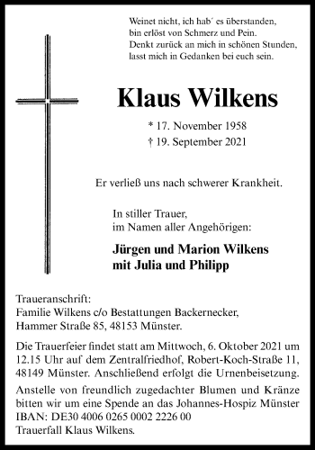Anzeige von Klaus Wilkens 