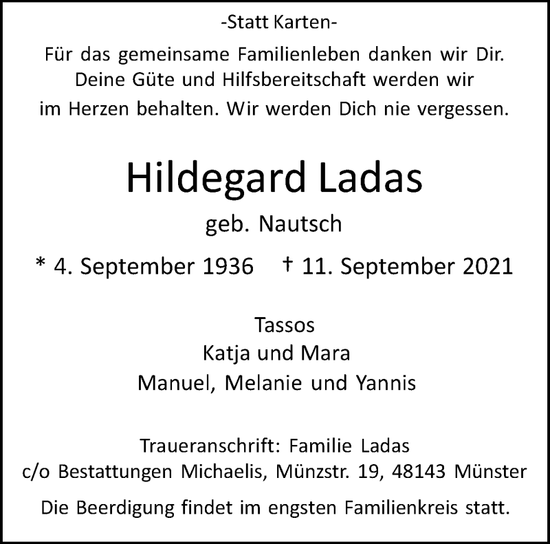 Traueranzeige für Hildegard Ladas vom 18.09.2021 aus 