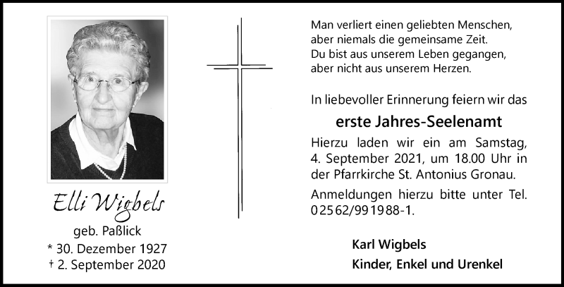  Traueranzeige für Elli Wigbels vom 01.09.2021 aus 