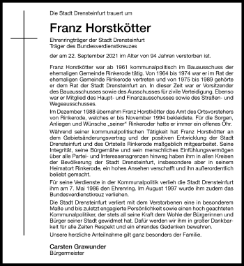 Anzeige von Franz Horstkötter 