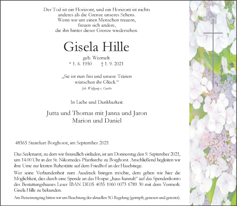  Traueranzeige für Gisela Hille vom 07.09.2021 aus 