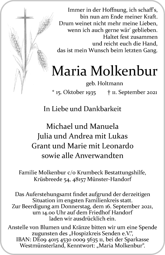  Traueranzeige für Maria Molkenbur vom 15.09.2021 aus 