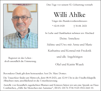 Anzeige von Willi Ahlke 