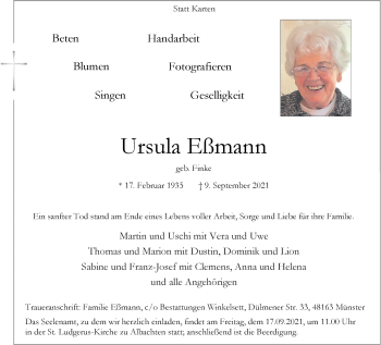 Anzeige von Ursula Eßmann 