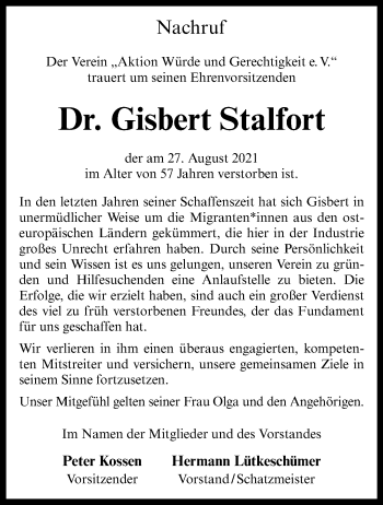 Anzeige von Gisbert Stalfort 