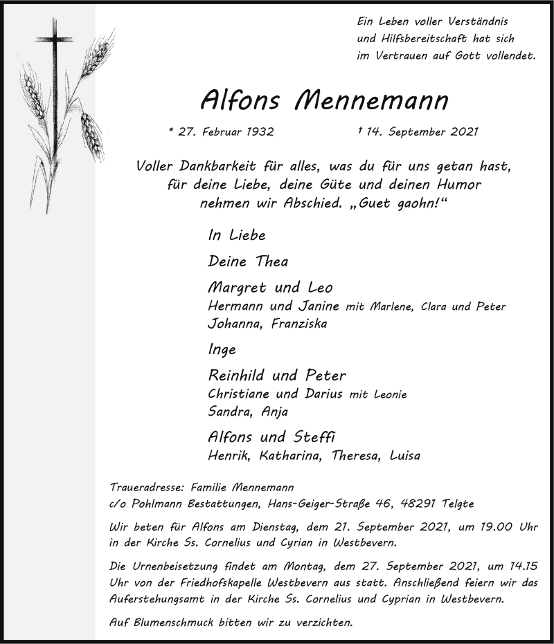 Traueranzeige für Alfons Mennemann vom 18.09.2021 aus 