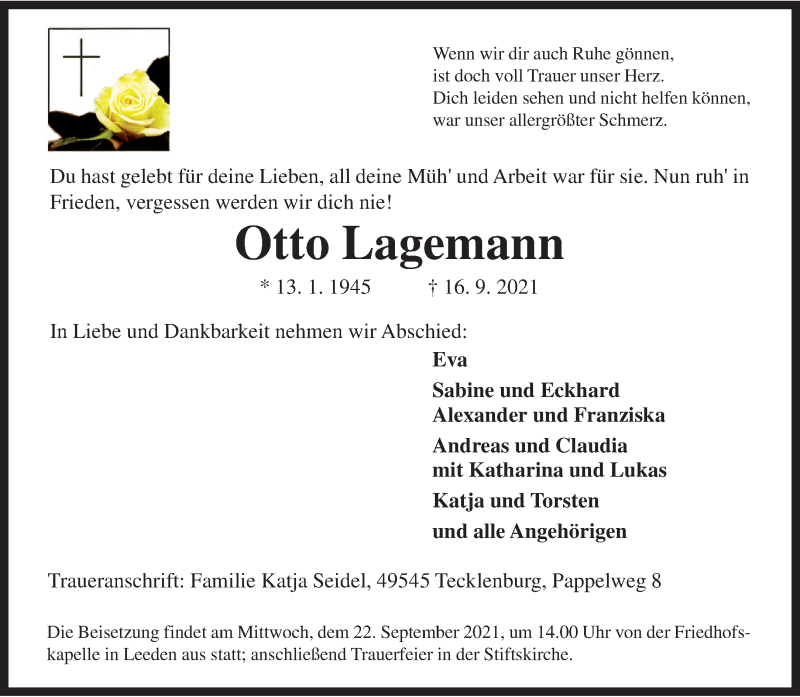  Traueranzeige für Otto Lagemann vom 18.09.2021 aus 