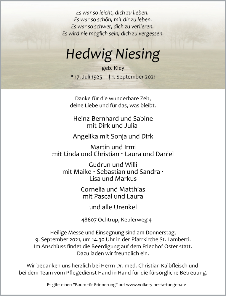  Traueranzeige für Hedwig Niesing vom 04.09.2021 aus 