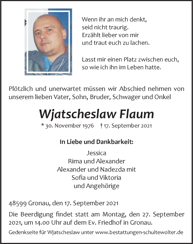  Traueranzeige für Wjatscheslaw Flaum vom 24.09.2021 aus 
