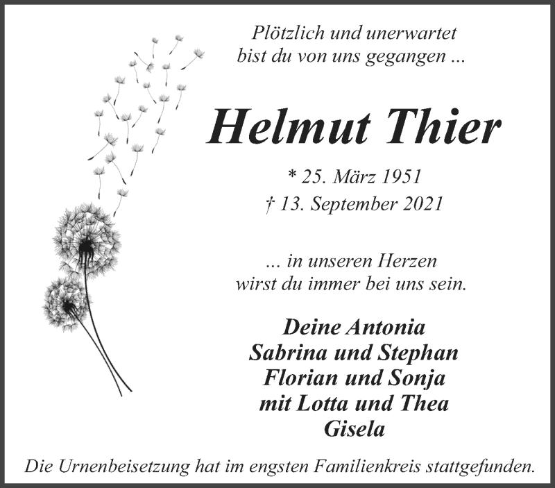  Traueranzeige für Helmut Thier vom 25.09.2021 aus 