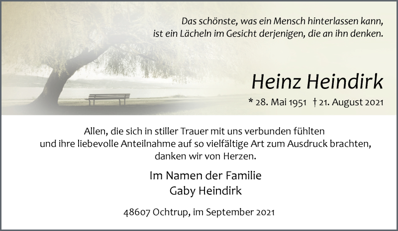  Traueranzeige für Heinz Heindirk vom 22.09.2021 aus 