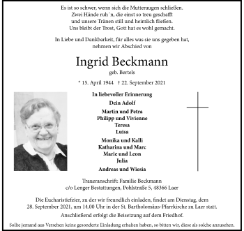 Anzeige von Ingrid Beckmann 