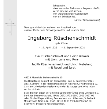 Anzeige von Ingeborg Rüschenschmidt 